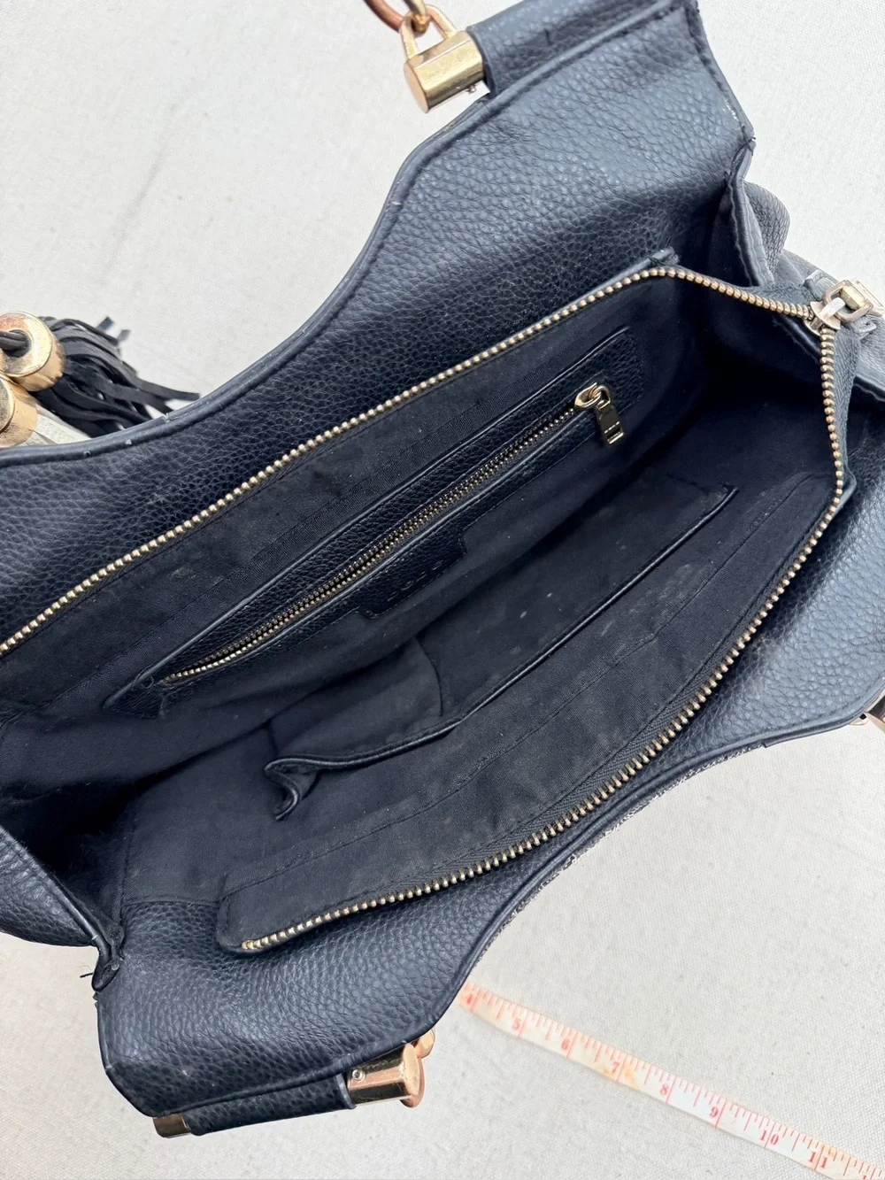 bebe Black Satchel with Braided Two-Tone Handles and Tassels